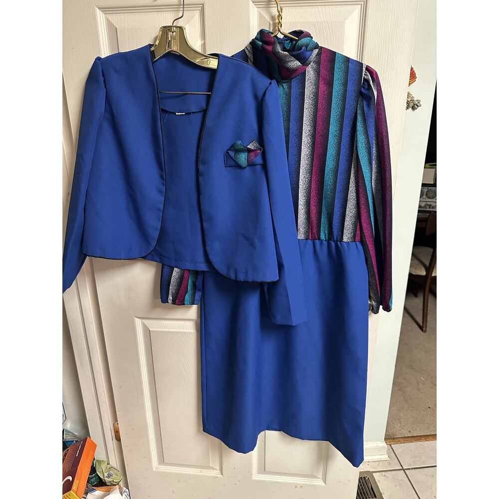 80s 90s Work Midi Dress Set 2 Pc Jacket Blue Striped Business Med 6 High Neck 36